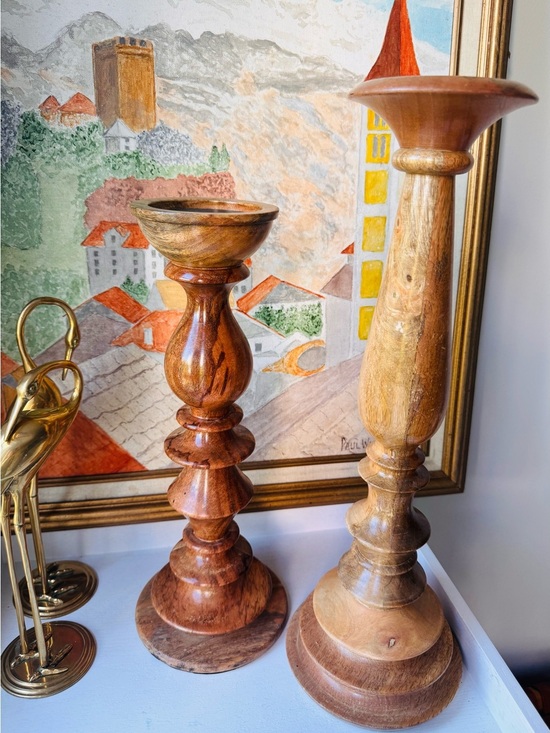 Pottery Barn Other - 2 Pottery Barn Wooden Pillar Candel holders Farmhouse Chunky Turned Wood